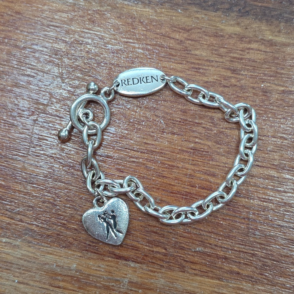 Vintage Redken Hope Silver Tone Heart Charm Link Bracelet Toggle Clasp 8"‎